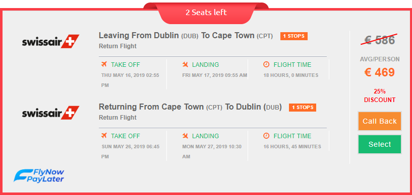 Price of dublin to cape town with swiss air